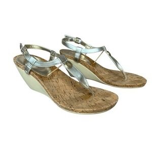 Ralph Lauren Reeta Split Toe T-strap Gold Wedge Sandals 10 Casual Ankle Strap